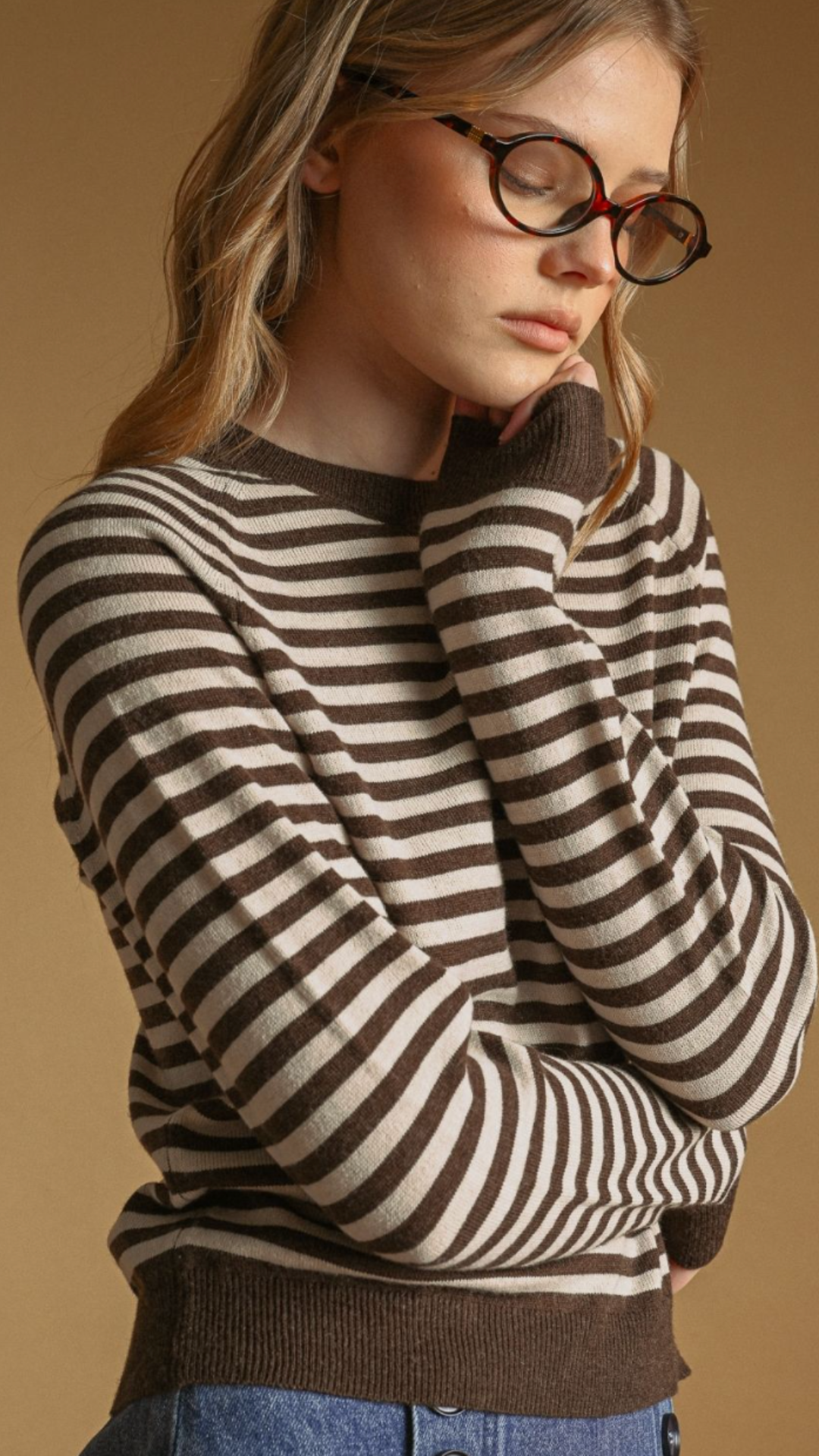 Mocha Striped Round Neck Sweater Top