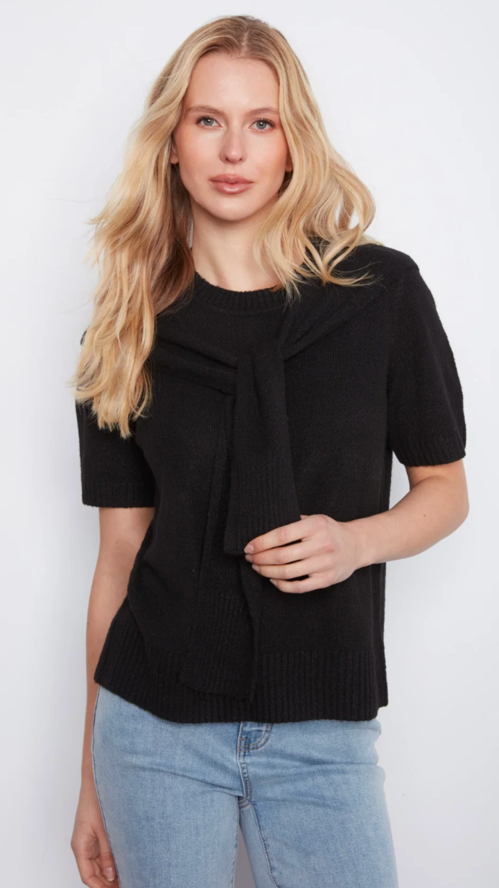 Black Short Sleeve Sweater With Faux Scarf Detail
