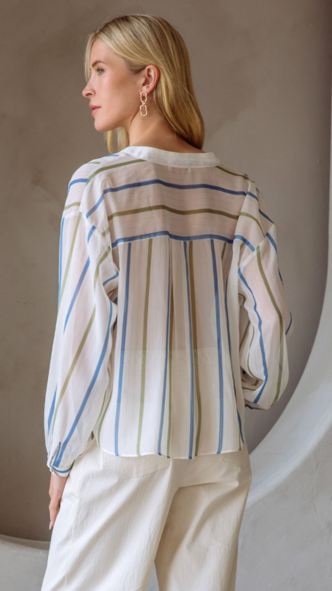 Stripe Surplice Sheer Long Sleeve Blouse