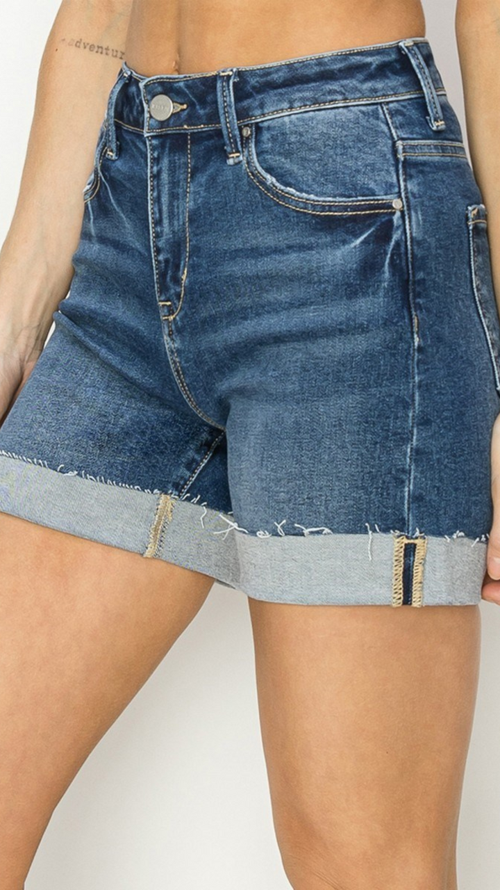 High Rise Dark Wash Cuffed Shorts