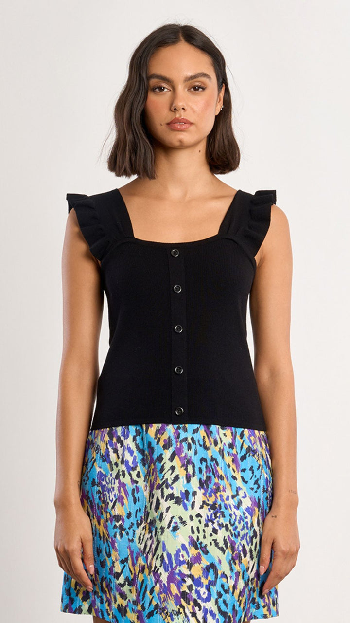 Black Ruffle Buttoned Tank
