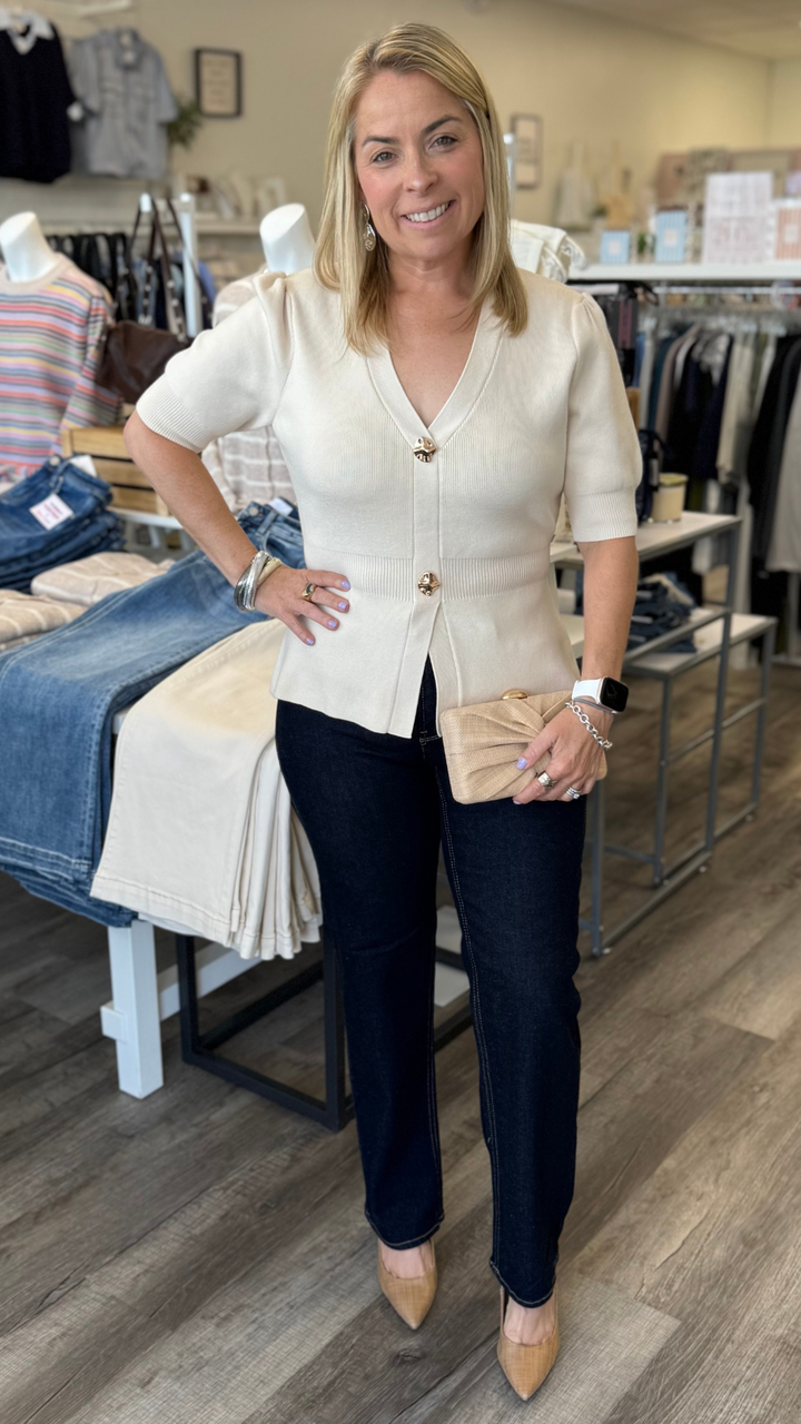 Ivory Ribbed Short Sleeve Peplum Cardigan Top