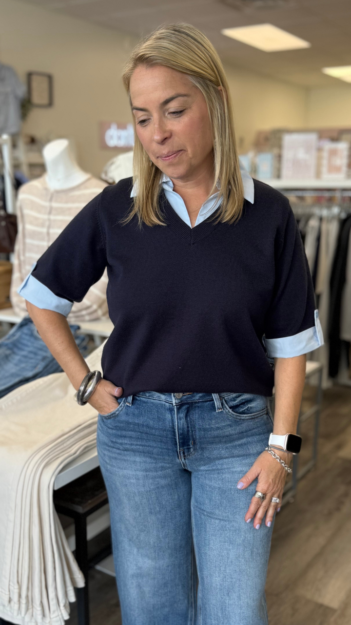 Navy Layered Look Short Sleeve Sweater Top