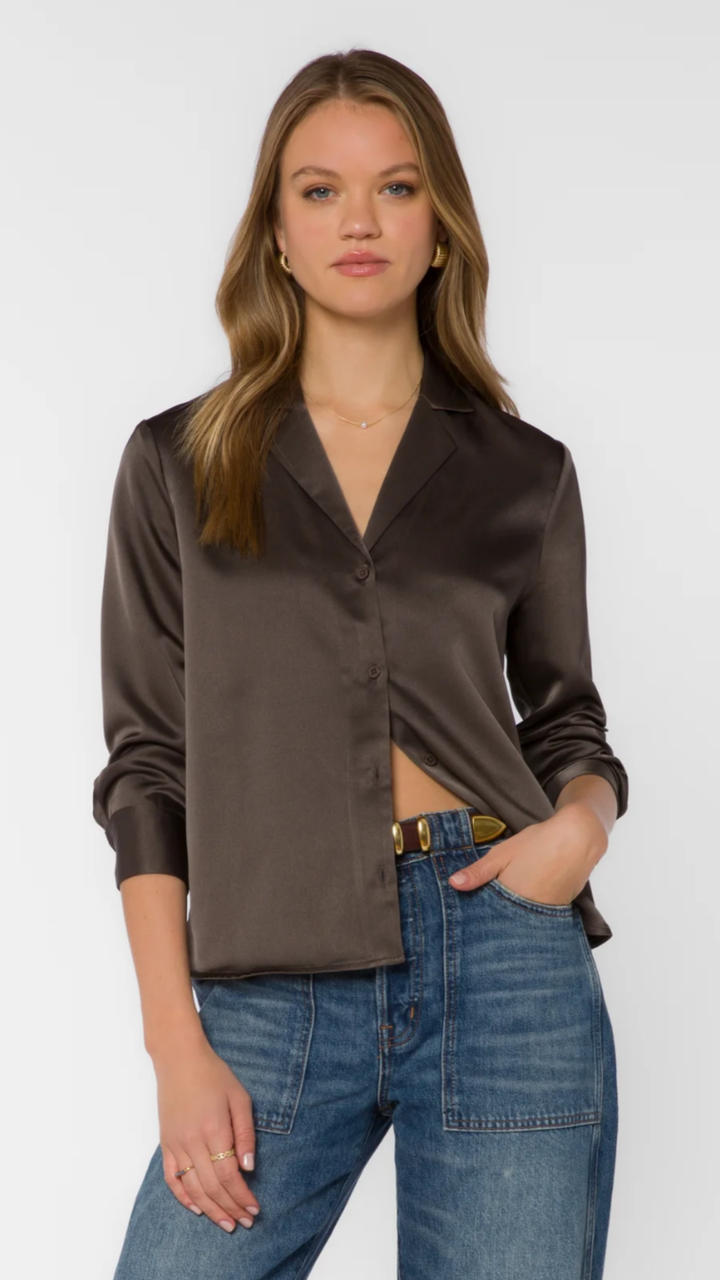 Bronze Olive Satin Long Sleeve Blouse