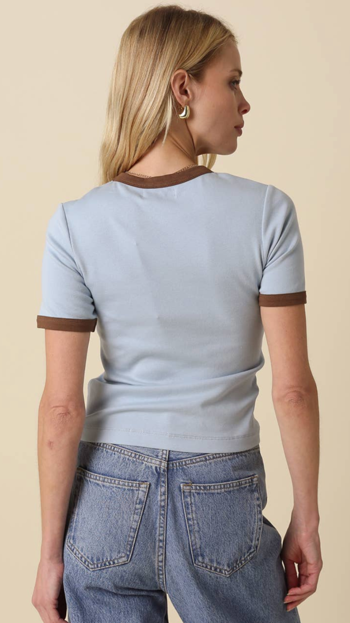 Light Blue With Brown Contrast Trim Crewneck Tee