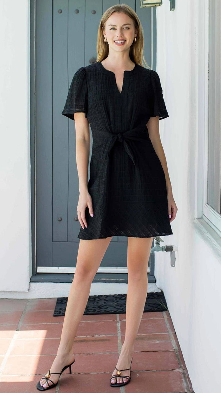 Tie Waist Notch Neck Textured Dress