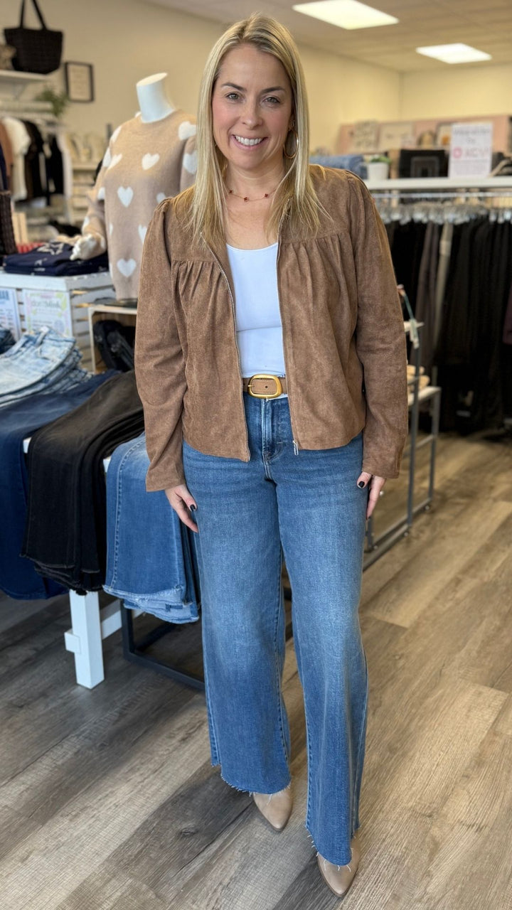 Mocha Shirred Vegan Suede Zip Up Jacket