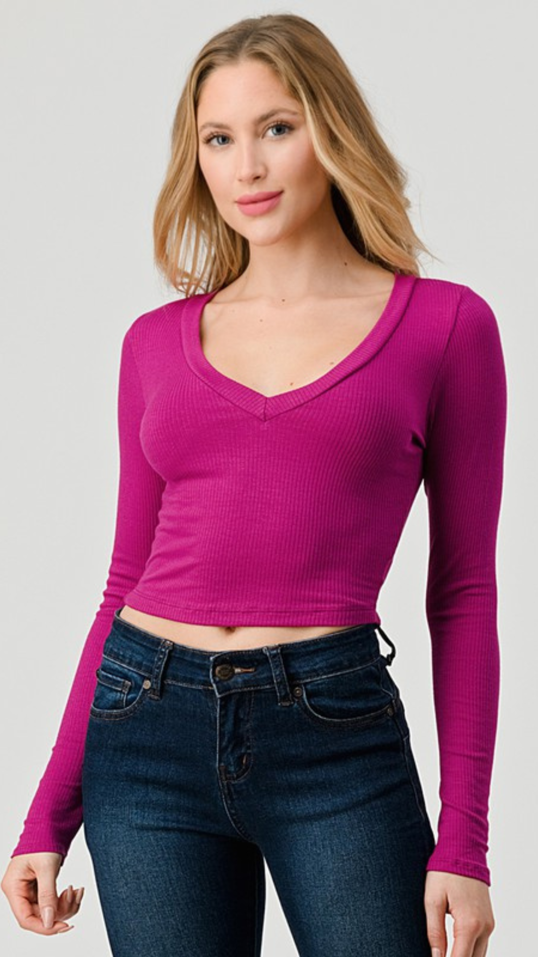 Fuschia Baby Ribbed V Neck Long Sleeve