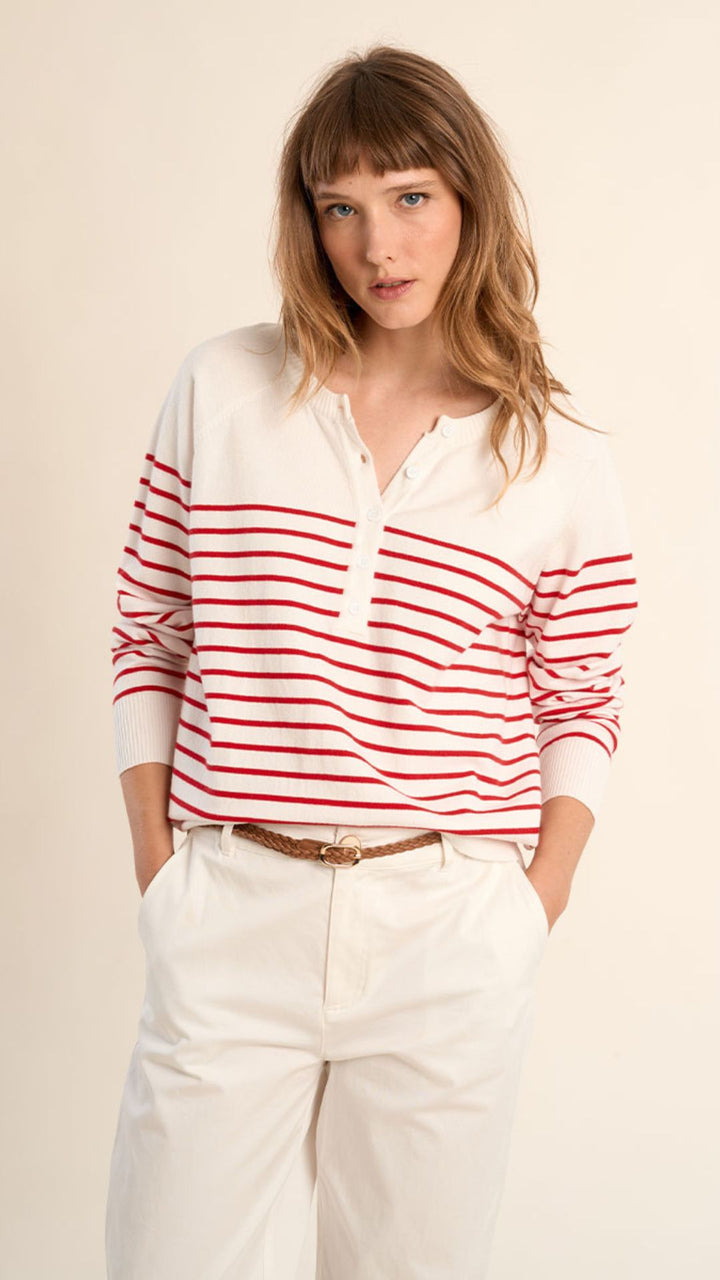 Red And White Henley Pullover Sweater