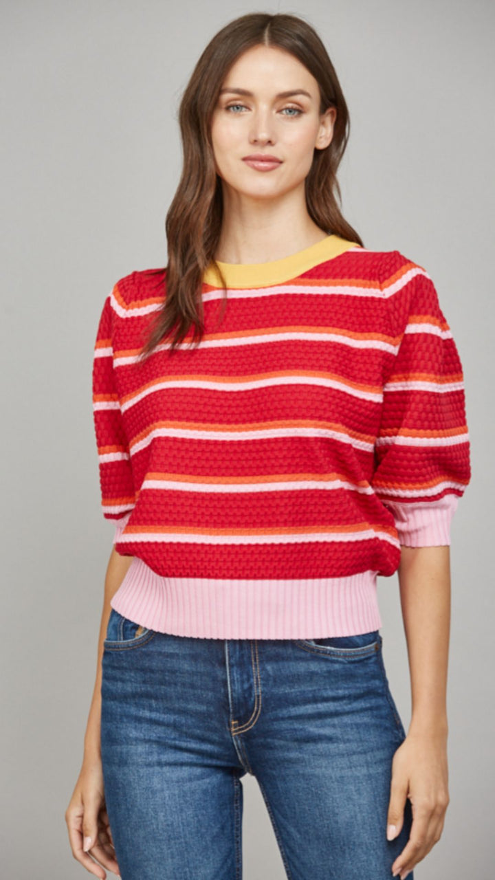 Textured Stripe Knit Crew Neck Short Sleeve Sweater