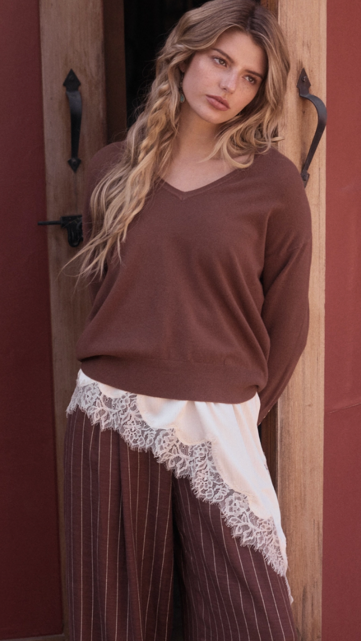 Brown V Neck Buttoned Sleeve Sweater