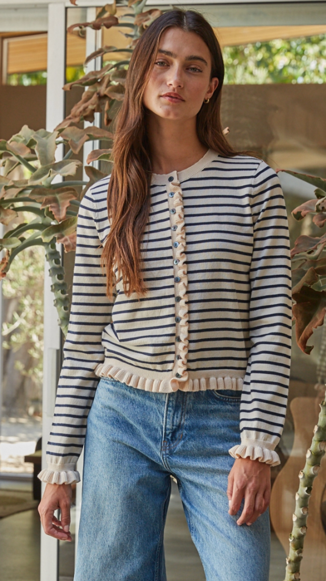 Natural Black Lettuce Trim Cardigan