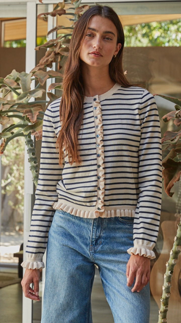 Natural Black Lettuce Trim Cardigan