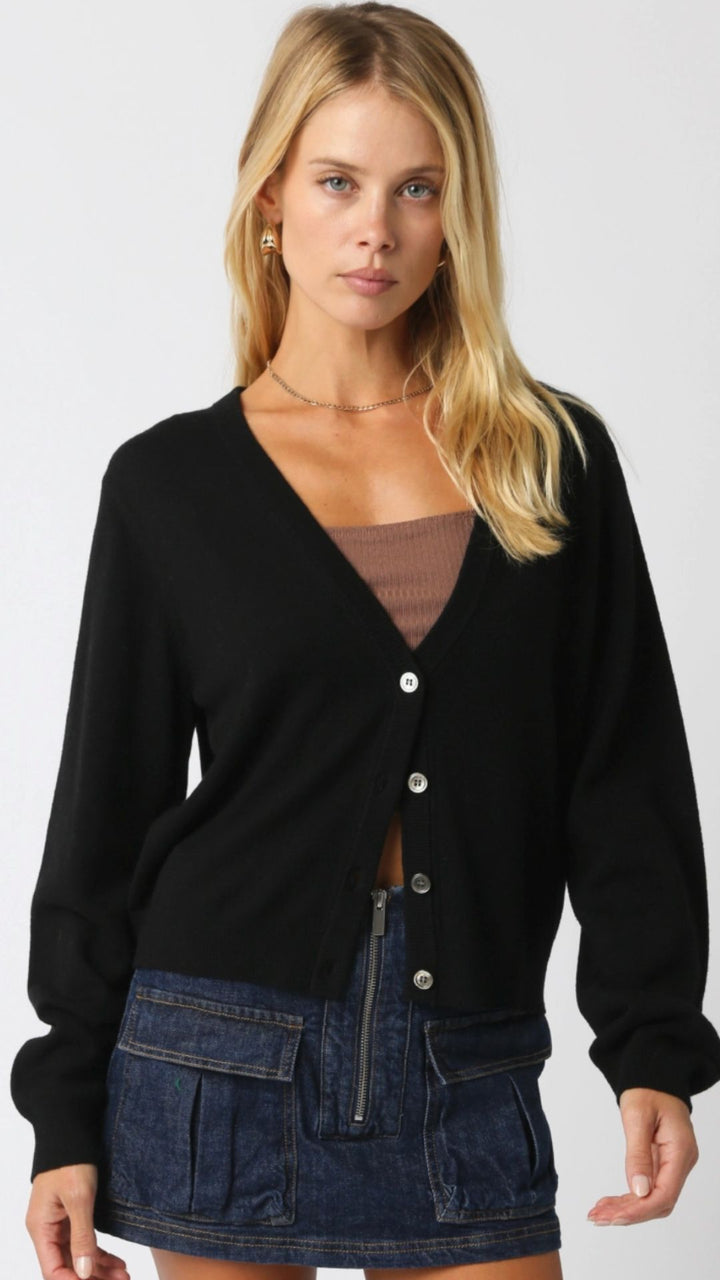 Black Deep V Knit Button Cardigan