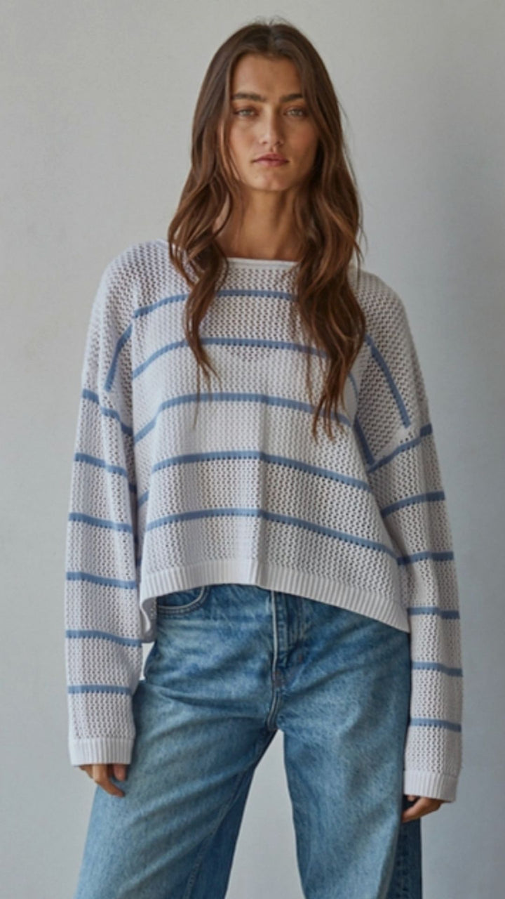 Blue And White Open Knit Stripe Sweater Top