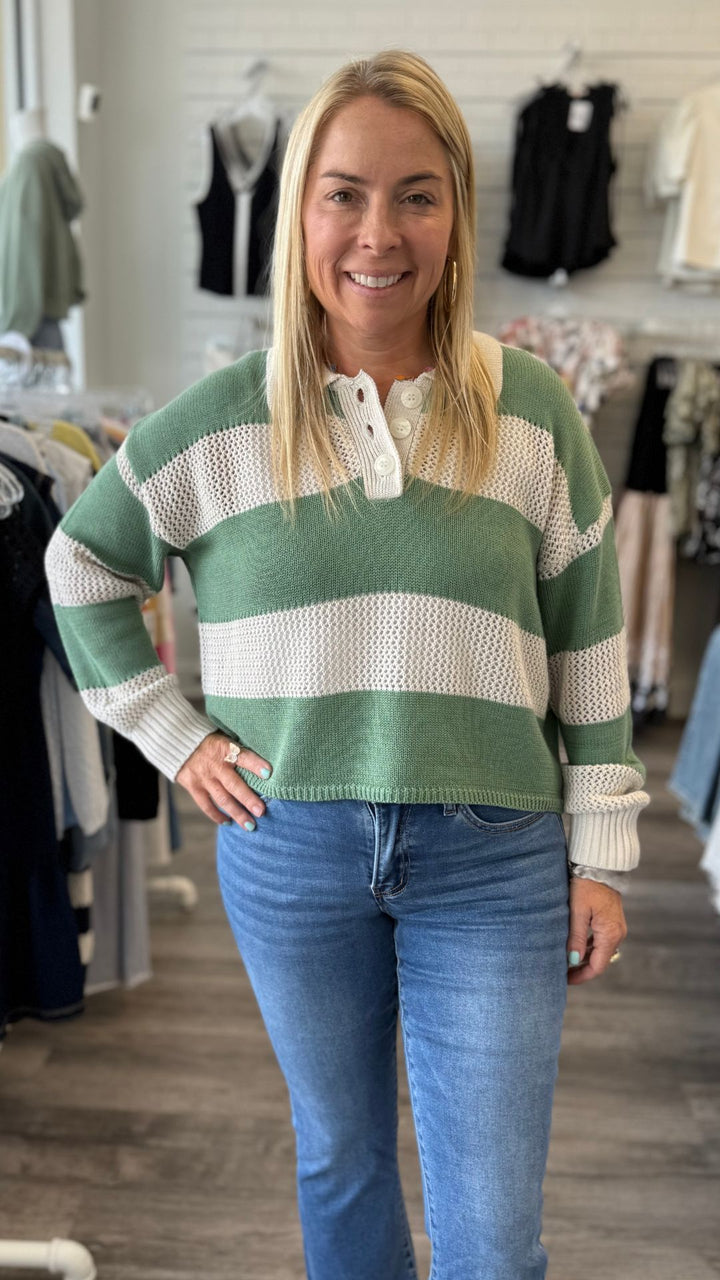 Beige And Green Stripe Collar Neck Sweater