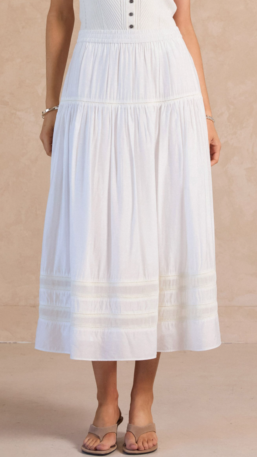 White Tiered Gathered Skirt With Ladder Lace