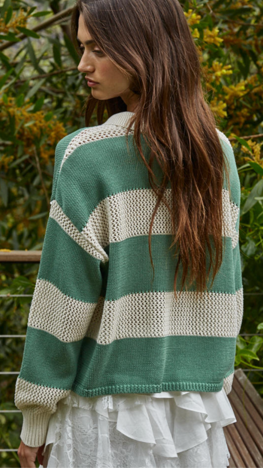 Beige And Green Stripe Collar Neck Sweater