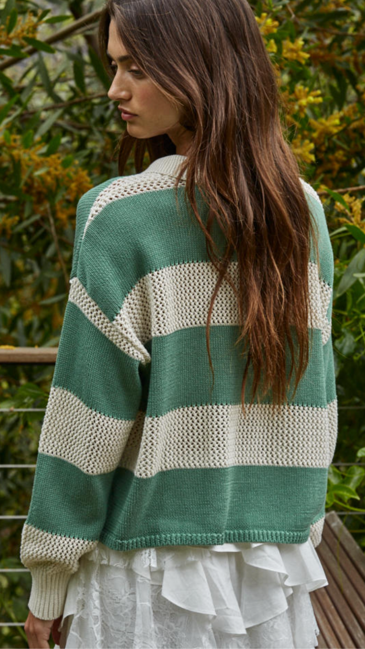 Beige And Green Stripe Collar Neck Sweater