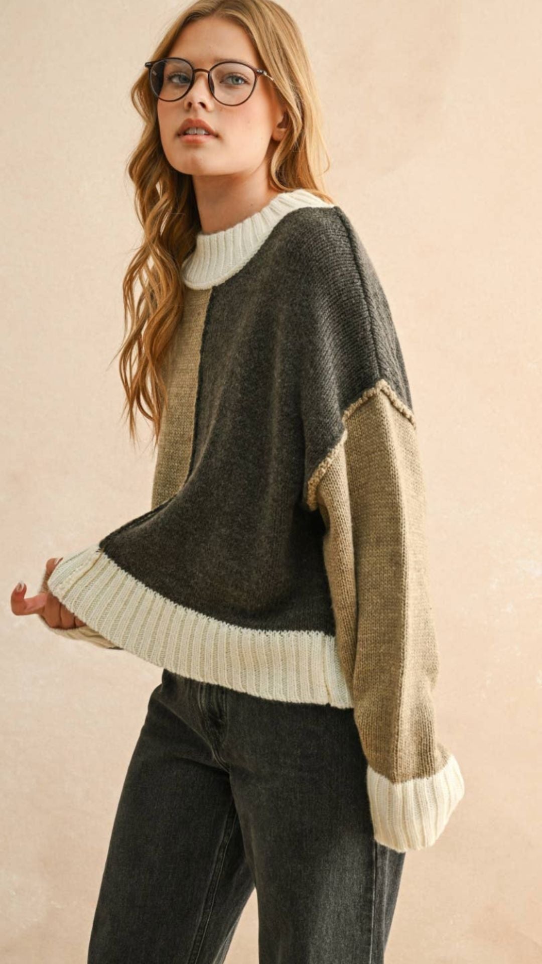 Olive And Charcoal Colorblock Sweater