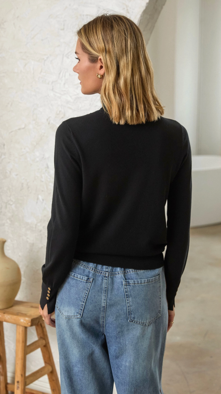 Black Turtle Neck Buttoned Sleeve Sweater