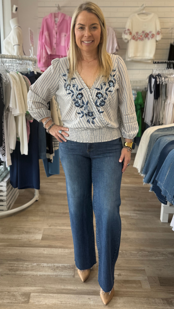Embroidered Smocked Waist Stripe Surplice Top