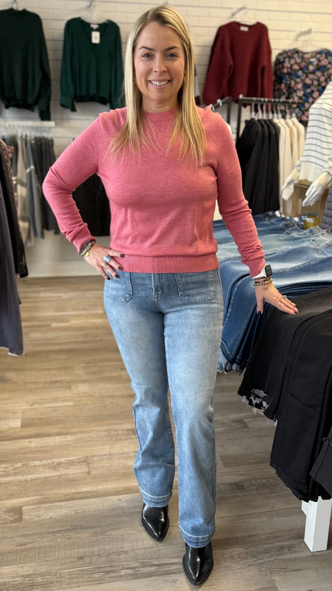 High Rise Light Wash Patch Pocket Bootcut Jeans