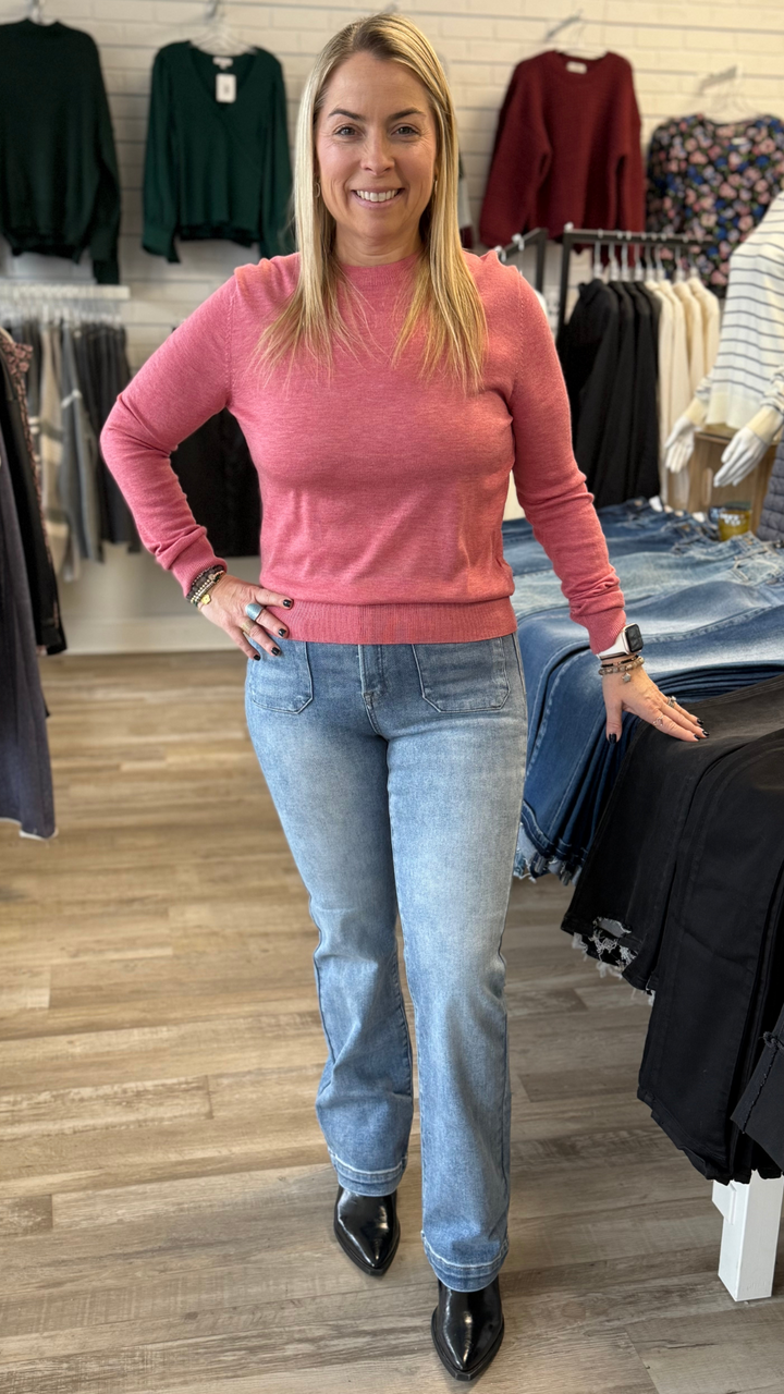 High Rise Light Wash Patch Pocket Bootcut Jeans