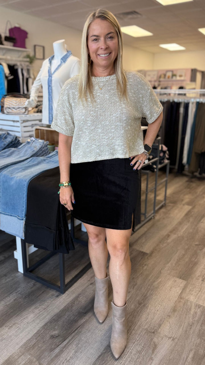 Black Corduroy Mini Skirt With Front Slit