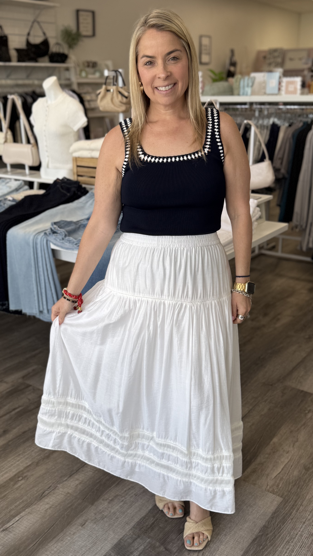 White Tiered Gathered Skirt With Ladder Lace