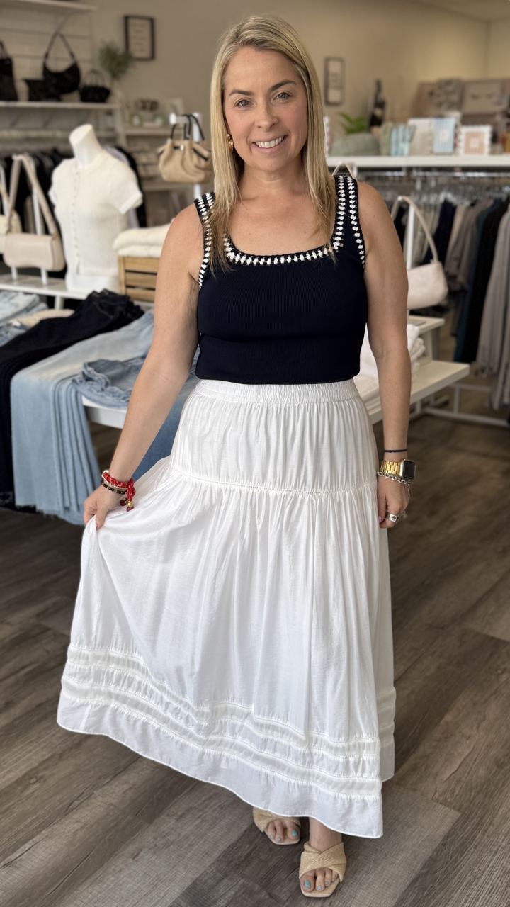 White Tiered Gathered Skirt With Ladder Lace