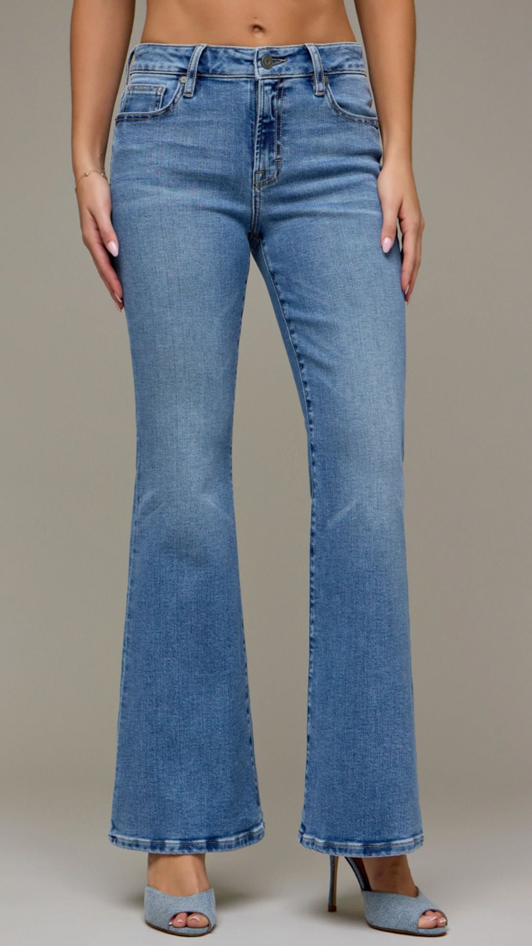 Mid Rise Medium Wash Full Length Flare Jeans
