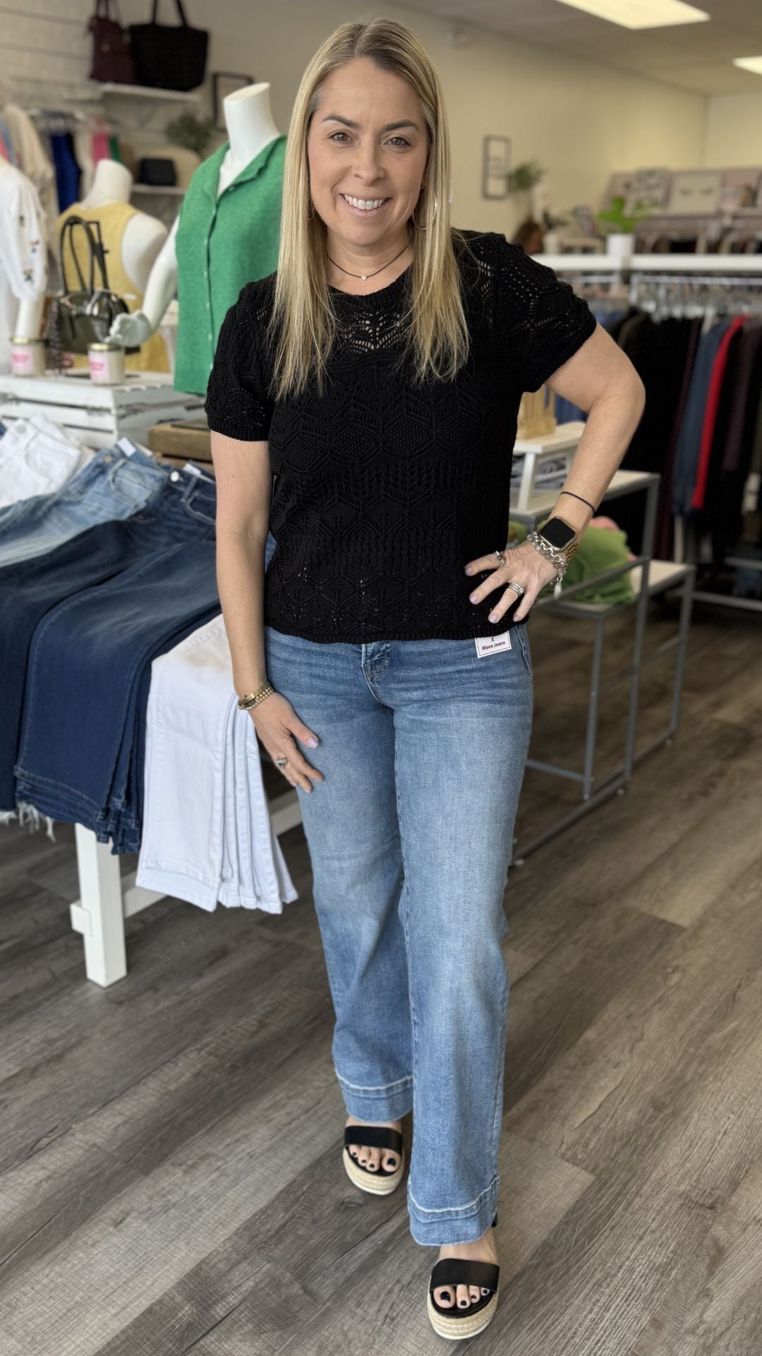 Black Lace Short Sleeve Sweater Top