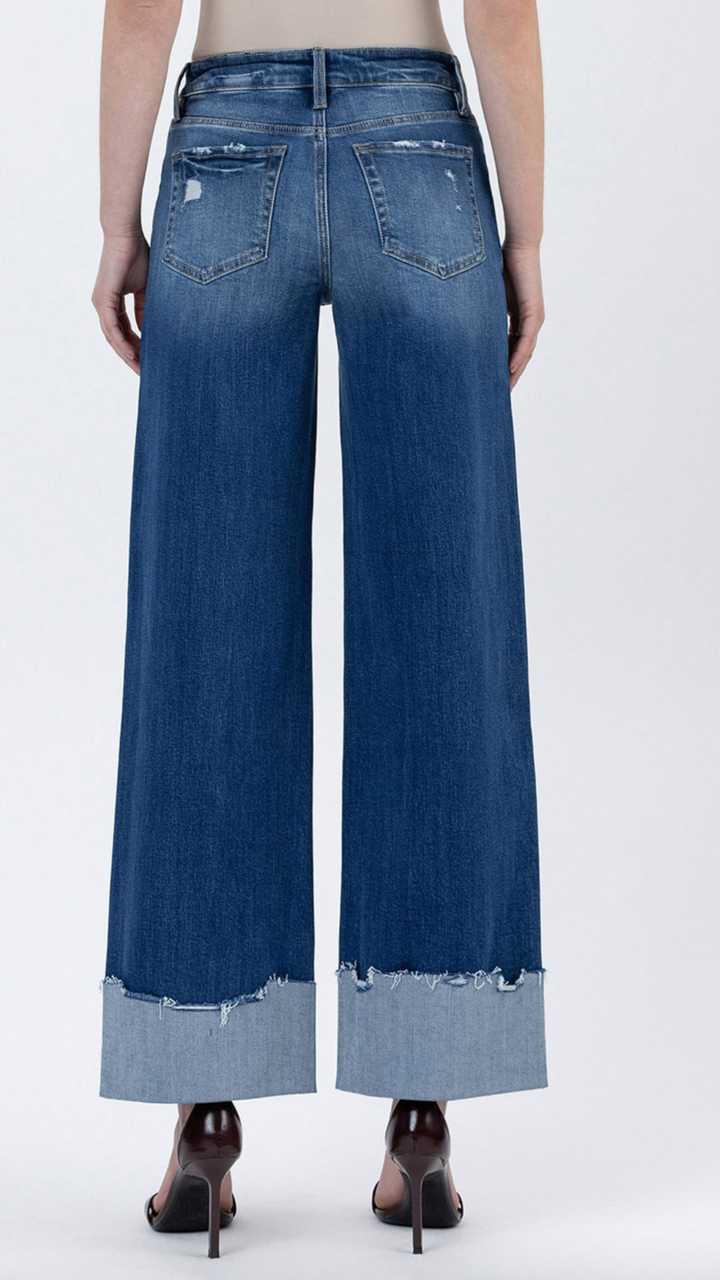 High Rise Dark Wash Cuffed Baggy Wide Leg Jeans