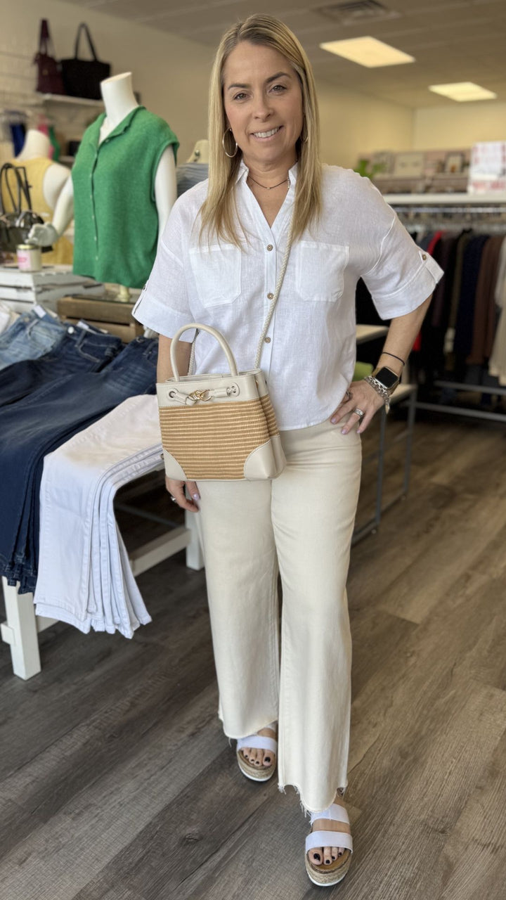 Short Sleeve Button Front Linen Blouse With Patch Pockets