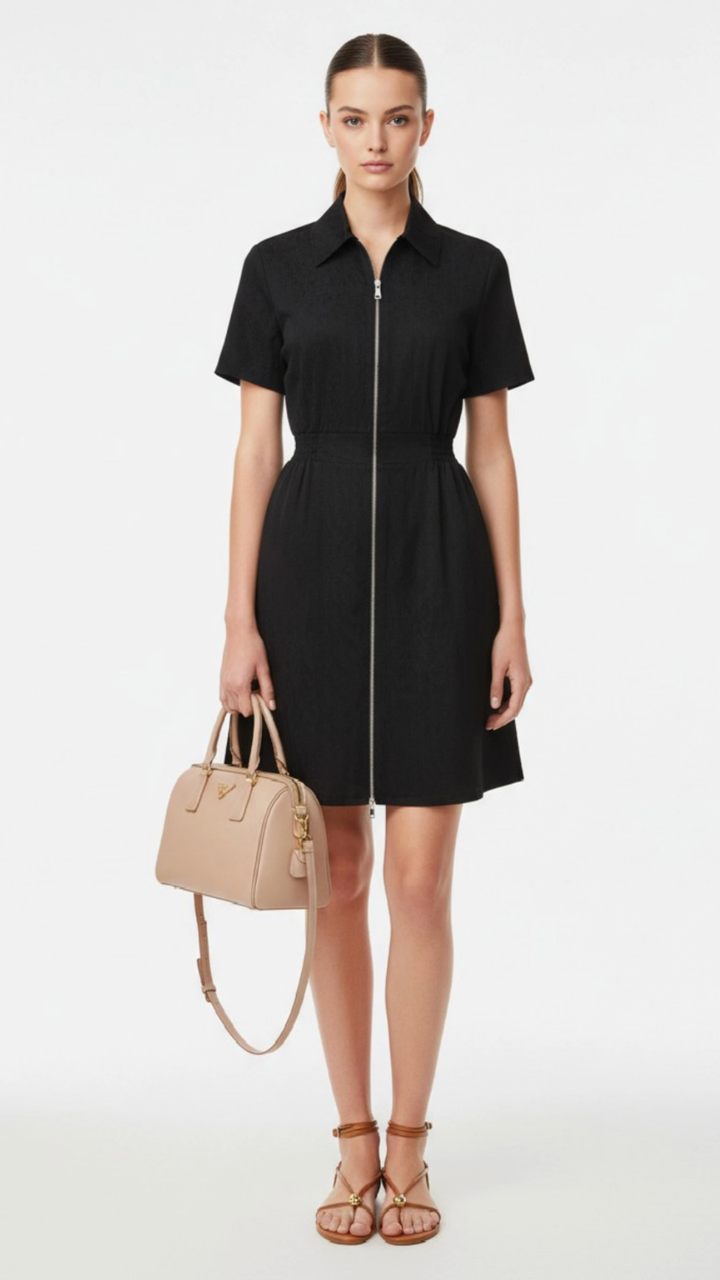 Black Short Sleeve Zip Up Dress