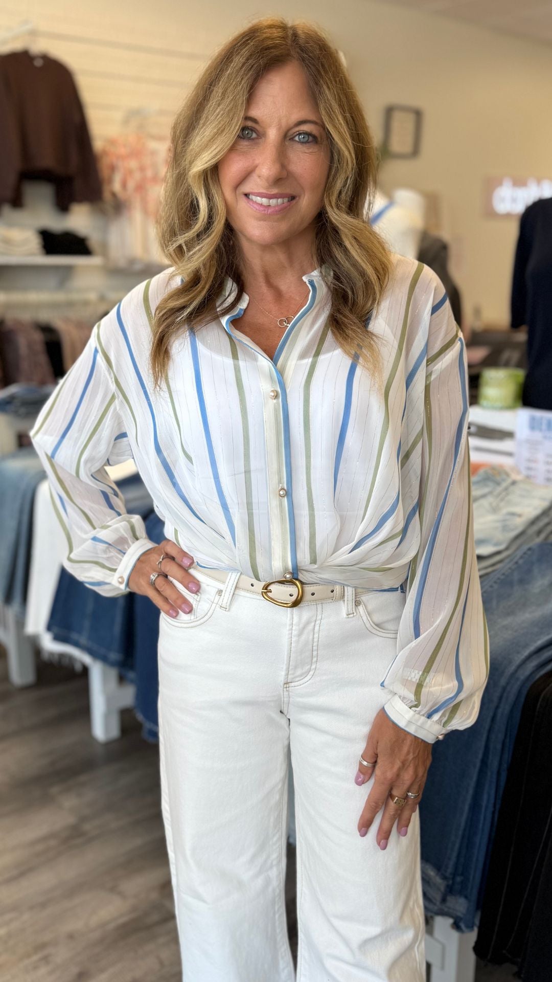 Stripe Surplice Sheer Long Sleeve Blouse