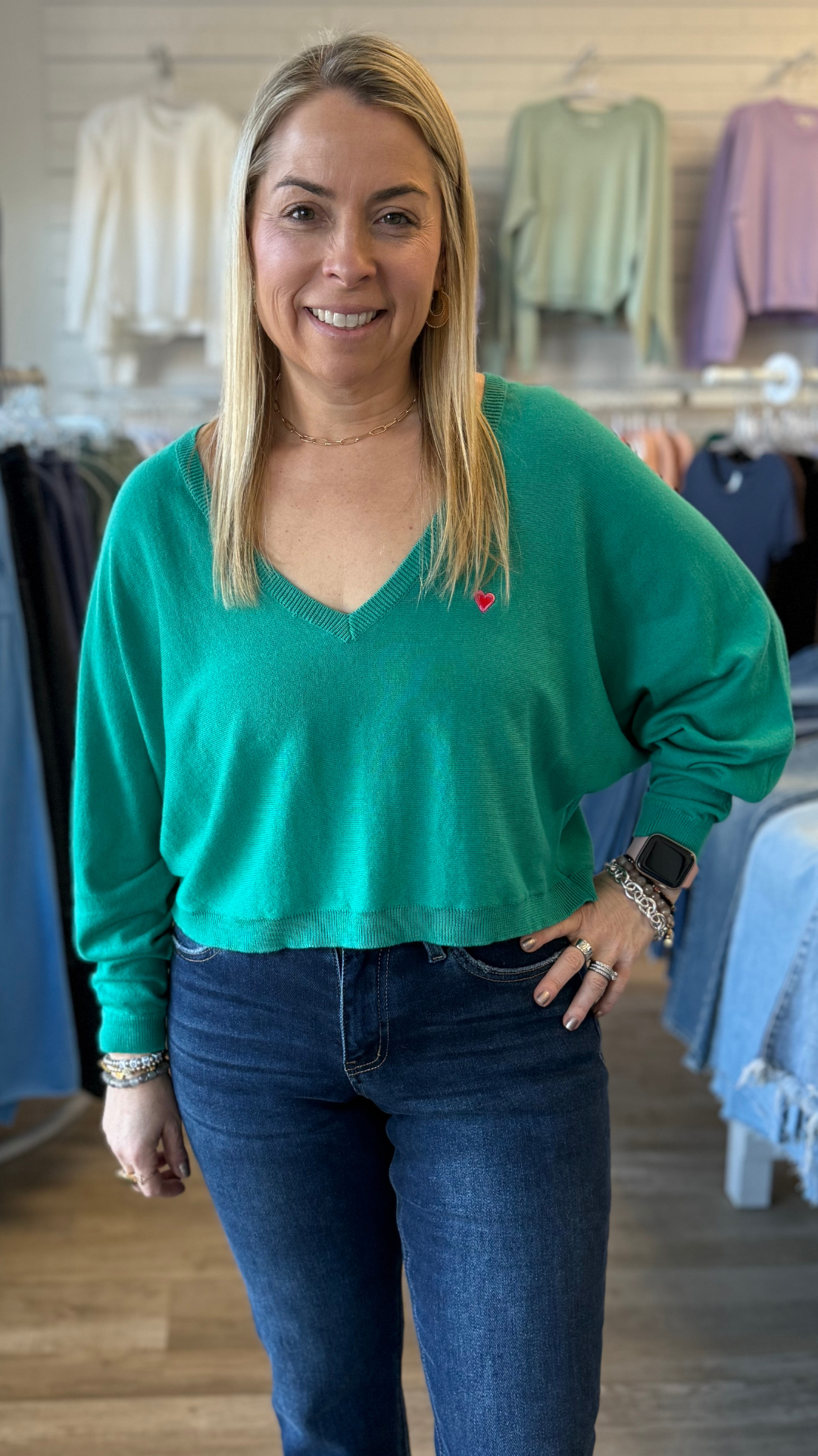 Emerald Green Embroider Heart Sweater