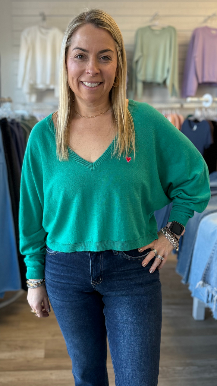 Emerald Green Embroider Heart Sweater
