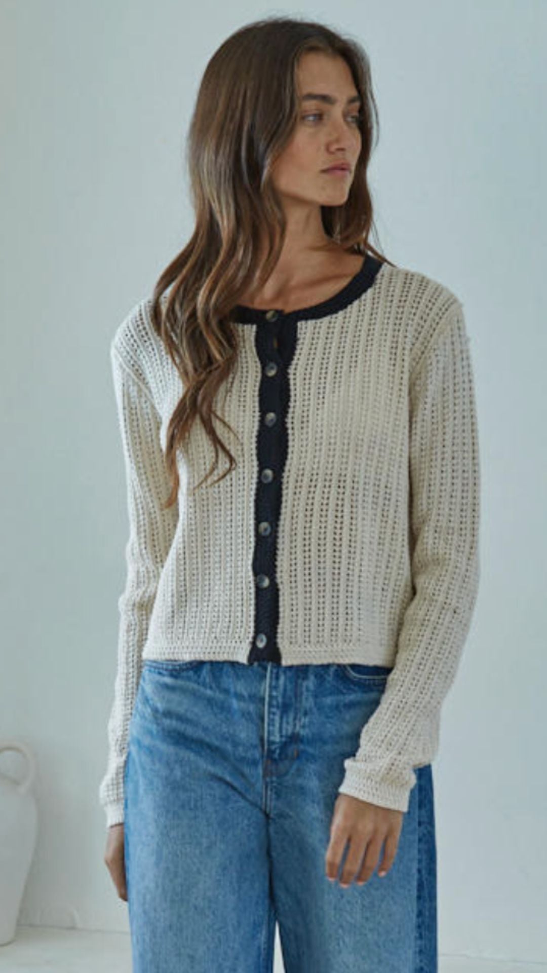 Natural Open Knit Cardigan With Black Trim