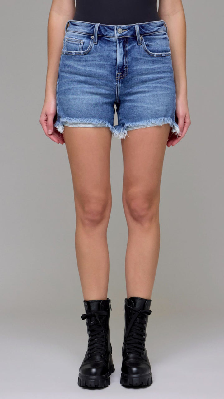 High Rise Medium Wash Frayed Hem Boyfriend Shorts