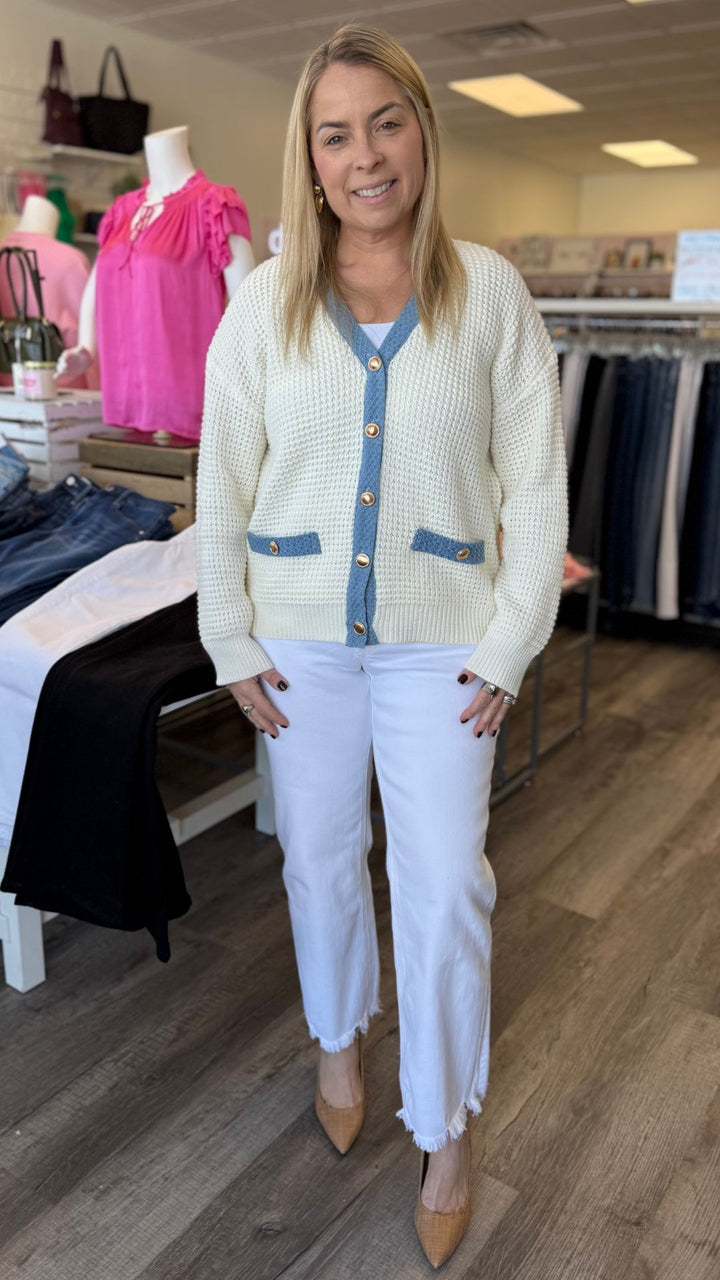 Cream And Denim Contrast Cardigan