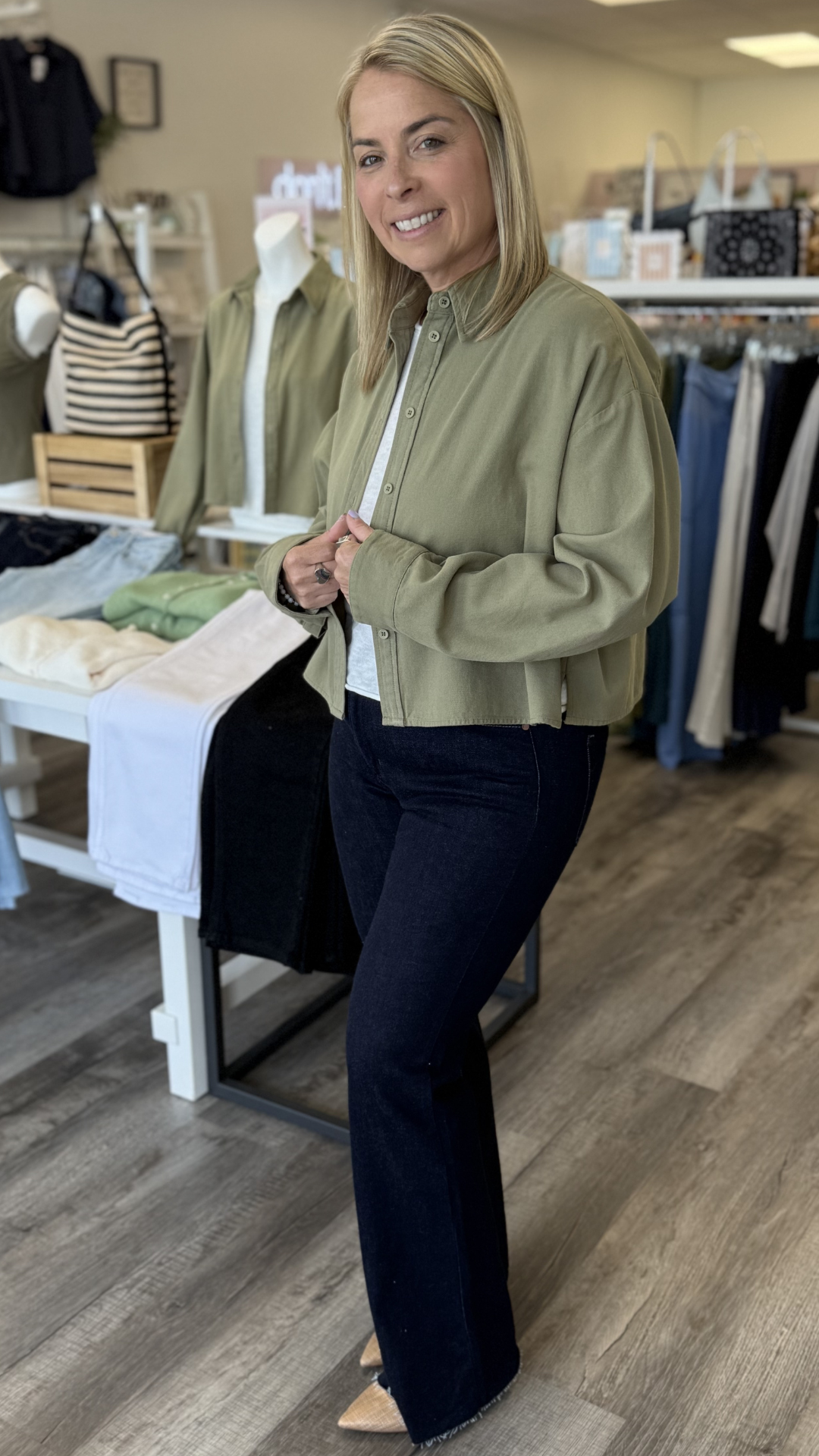 Olive Cropped Buttondown Shirt Jacket