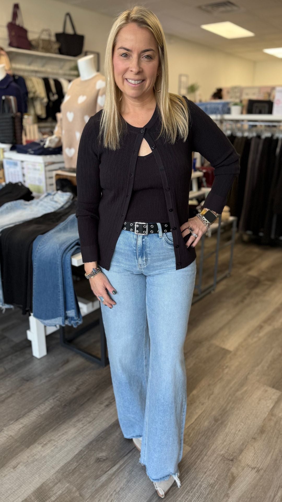 Black Ribbed Cardigan With Tank Top Set