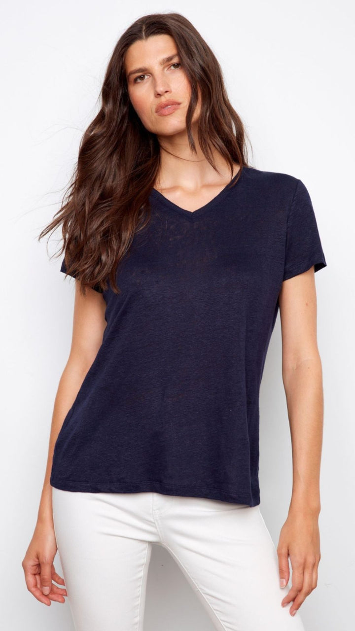 Navy Linen Blend V Neck Tee