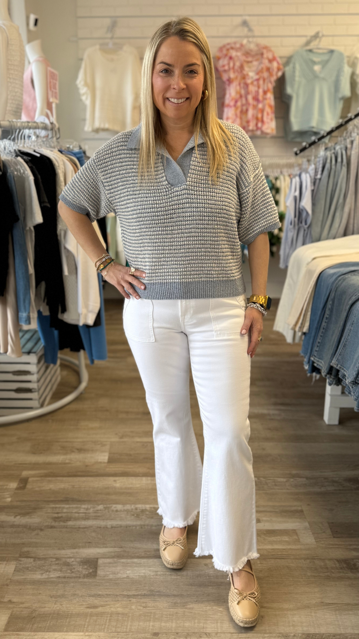Light Blue And Cream Collared Knitted Top