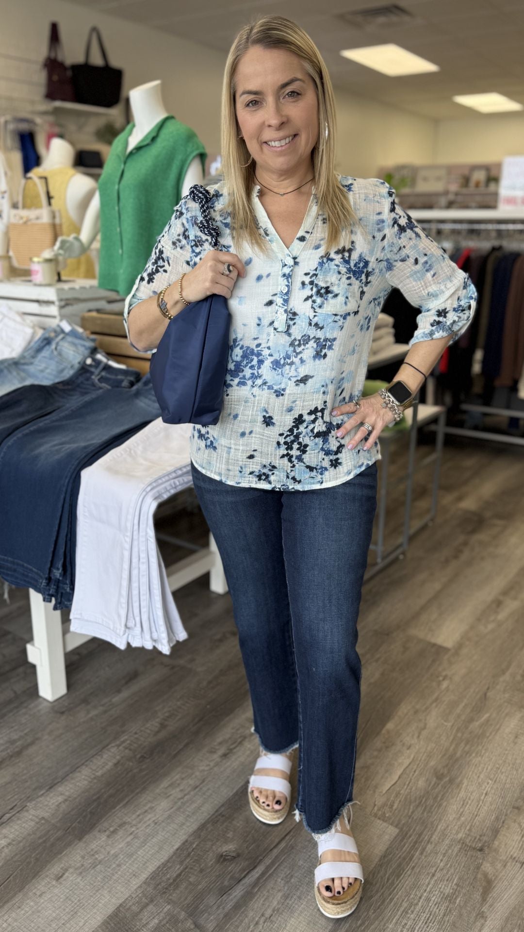 Light Blue Floral Roll Up Sleeve Cotton Gauze Top