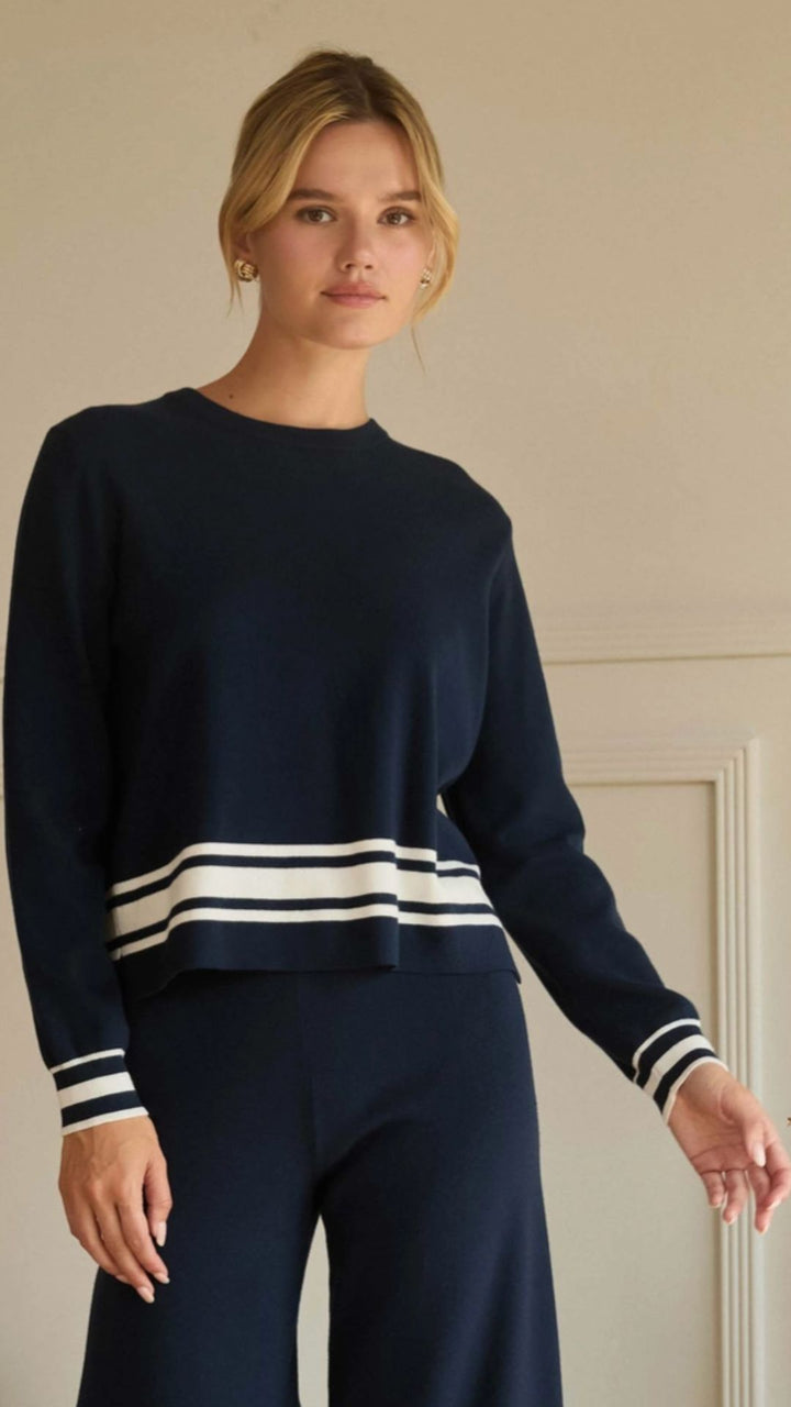 Navy And White Long Sleeve Crew Neck With Stripe Hem