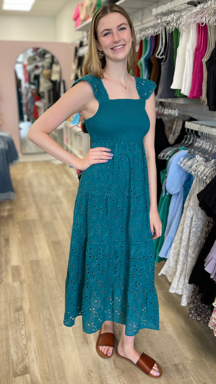 Embroidered Eyelet Smocked Tiered Maxi Dress