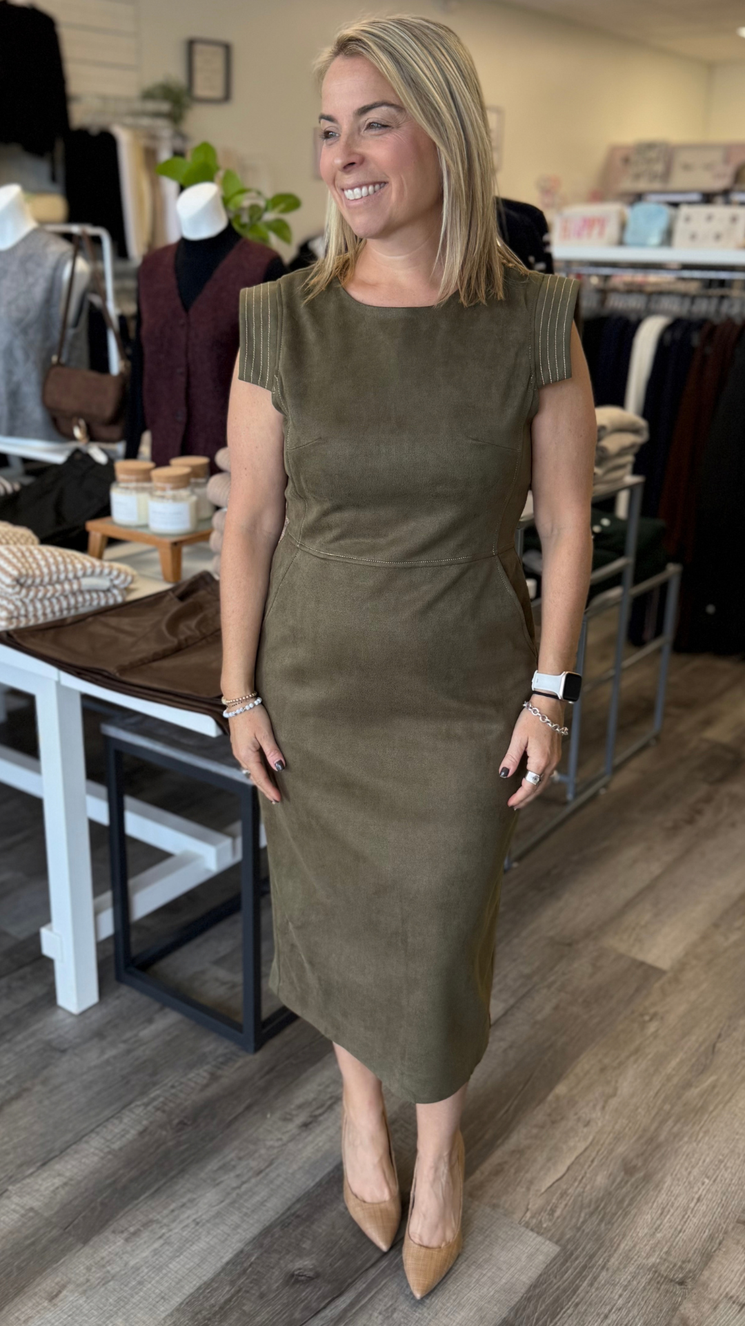 Olive Sleeveless Suede Dress